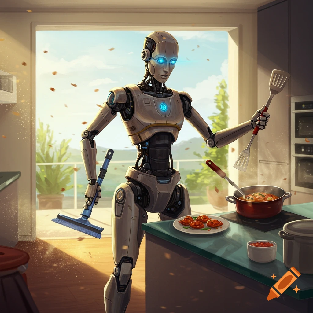 A robot cleaning and cooking in a sunny kitchen.