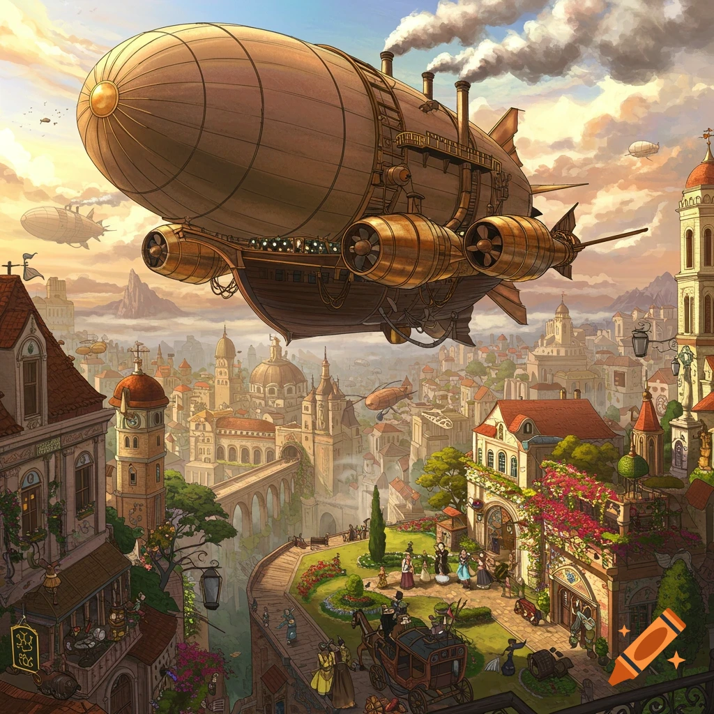 A large steampunk airship flies over a fantasy city with smaller airships and people in a garden below.