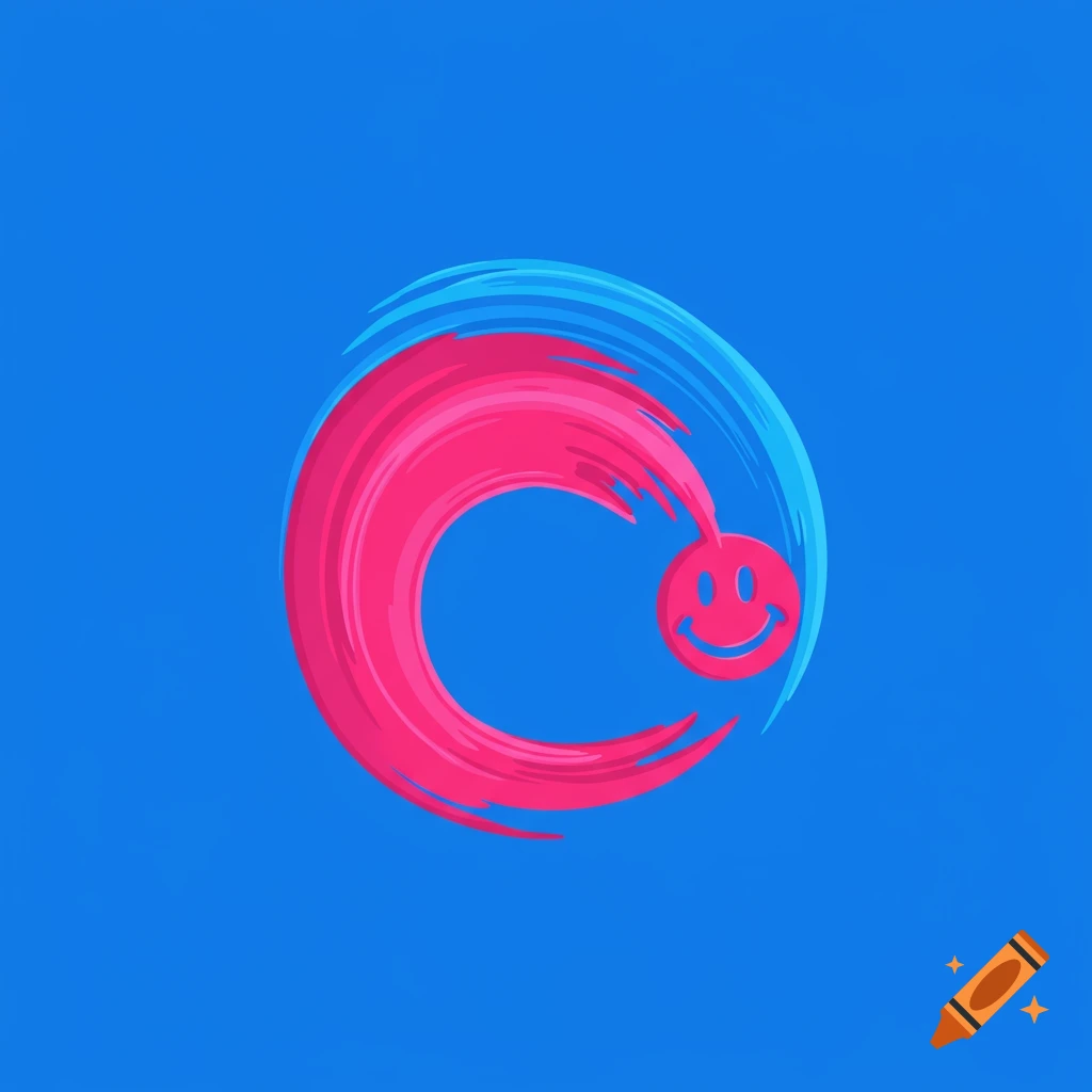 Abstract logo design with a pink and blue brushstroke forming a circle, ending with a pink smiley face, on a blue background.