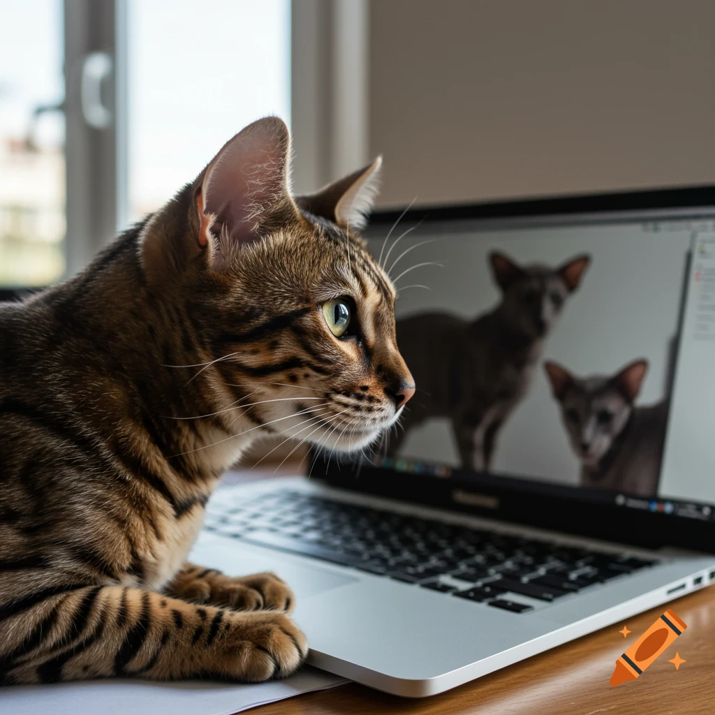 Hyper realistic macro photo of a Bengal cat sitting on a laptop, looking at images of other cats on the screen.