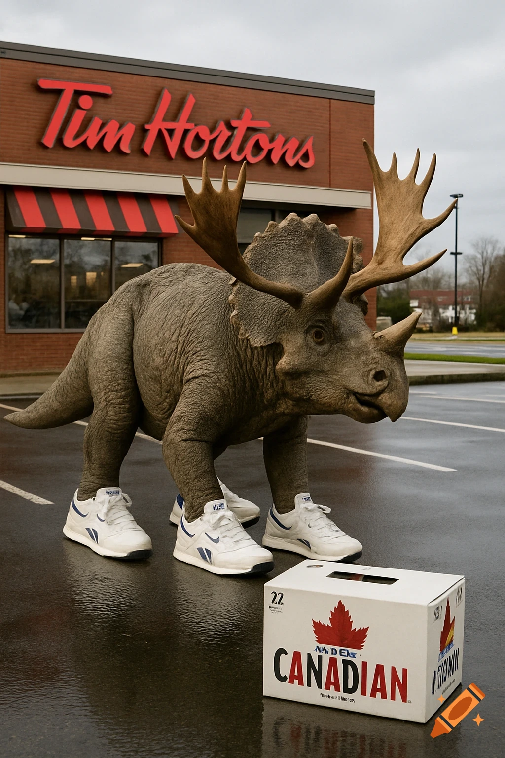 A triceratops with moose antlers and sneakers stands in a Tim Hortons parking lot next to a case of Canadian beer. Photorealistic style.