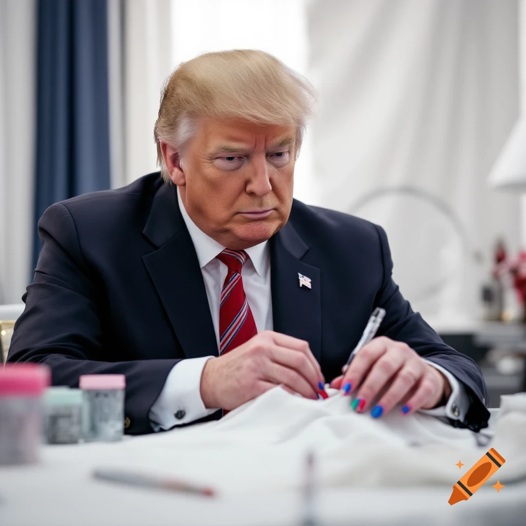 Donald Trump sitting at a table getting his fingernails painted blue, red, and green.