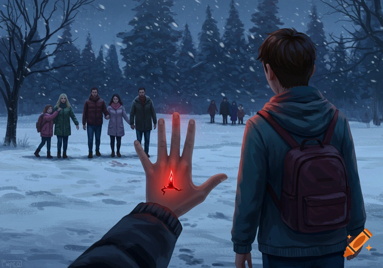 A person facing away, showing a hand with a glowing red symbol in a snowy forest with blurry figures in the background.