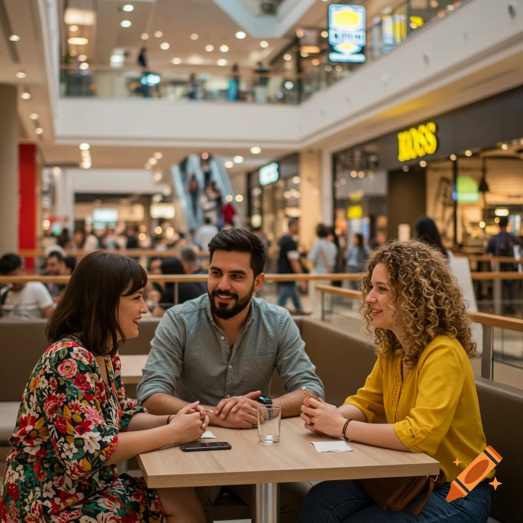 Three people talk and laugh at a table in a busy mall restaurant.
