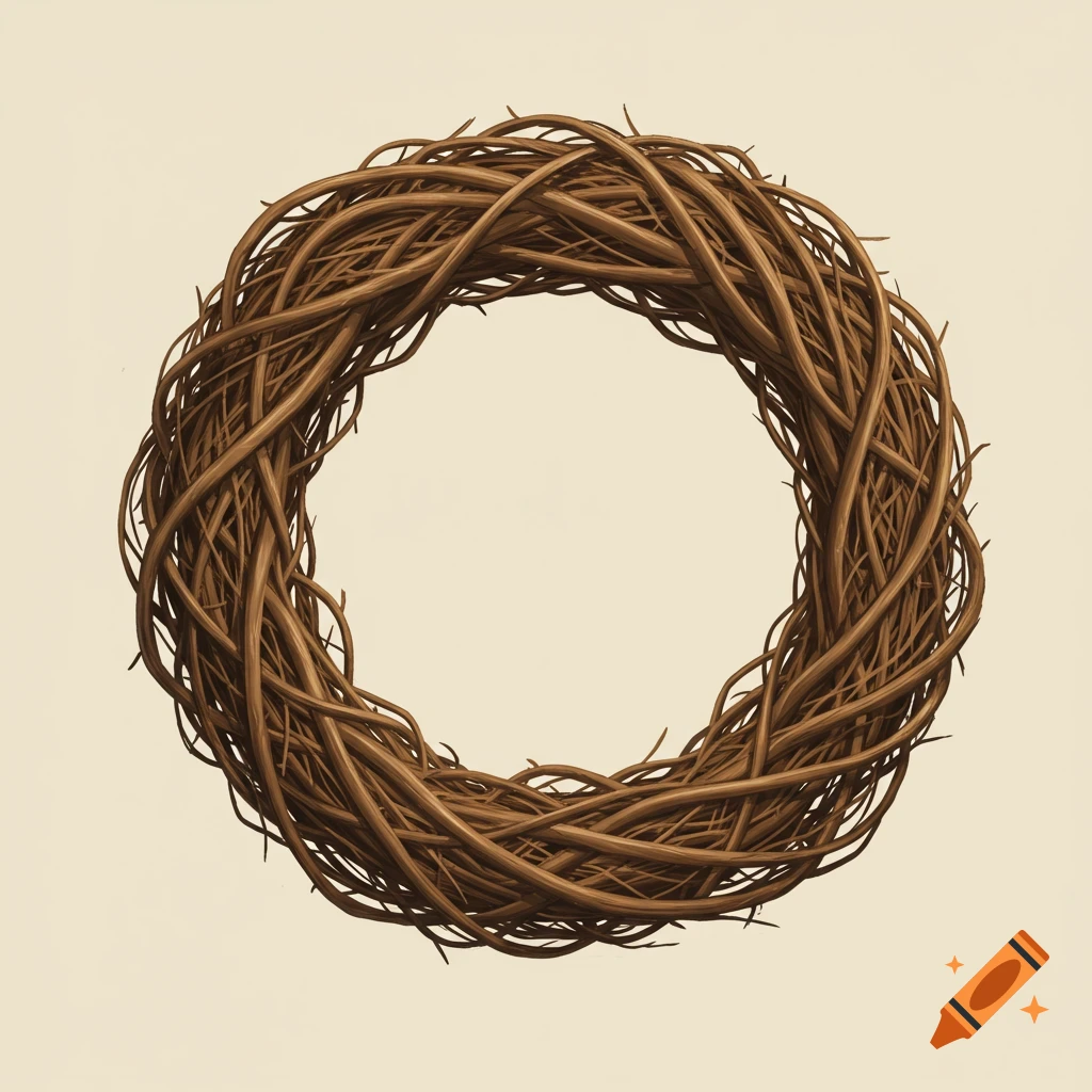 A rustic circular wreath made of brown vines.