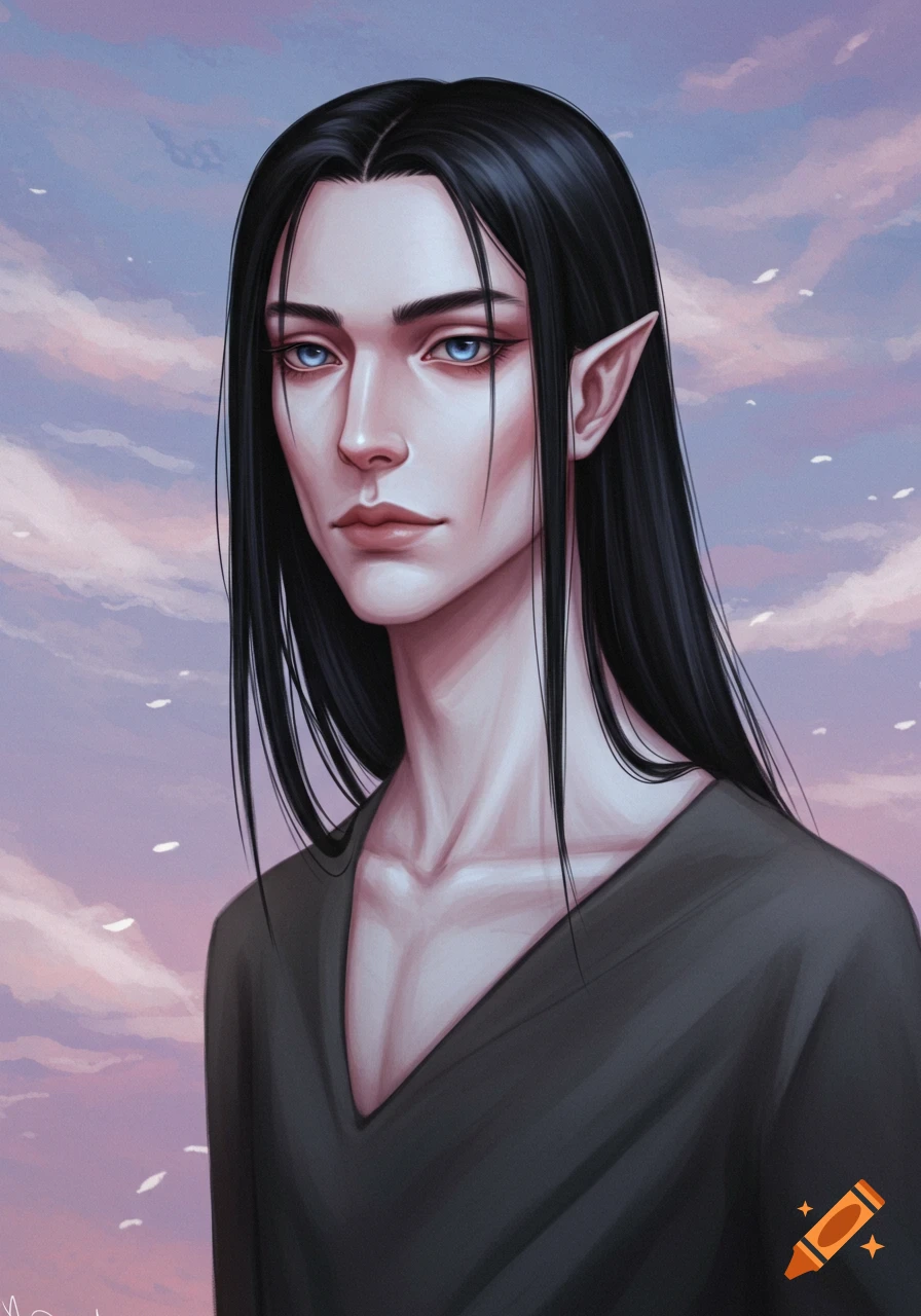 Image of a fantasy person with long black hair and pointy ears against a cloudy sky.