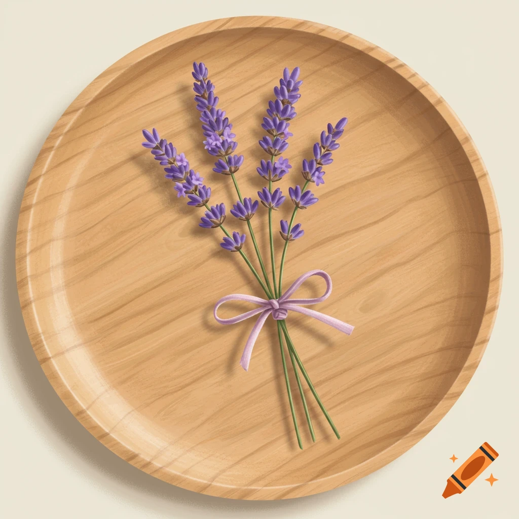 Lavender sprigs tied with a ribbon on a wooden plate.