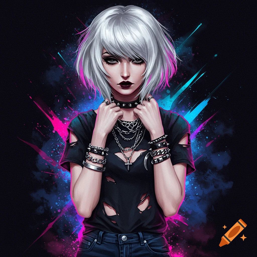A rockstar woman with silver hair and heavy makeup, wearing ripped clothing and jewelry, against a colorful splatter background.
