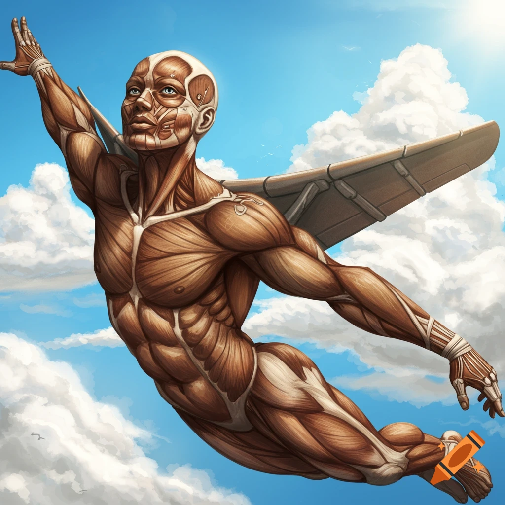 An anatomical figure with wings flies through a sunny sky with clouds.