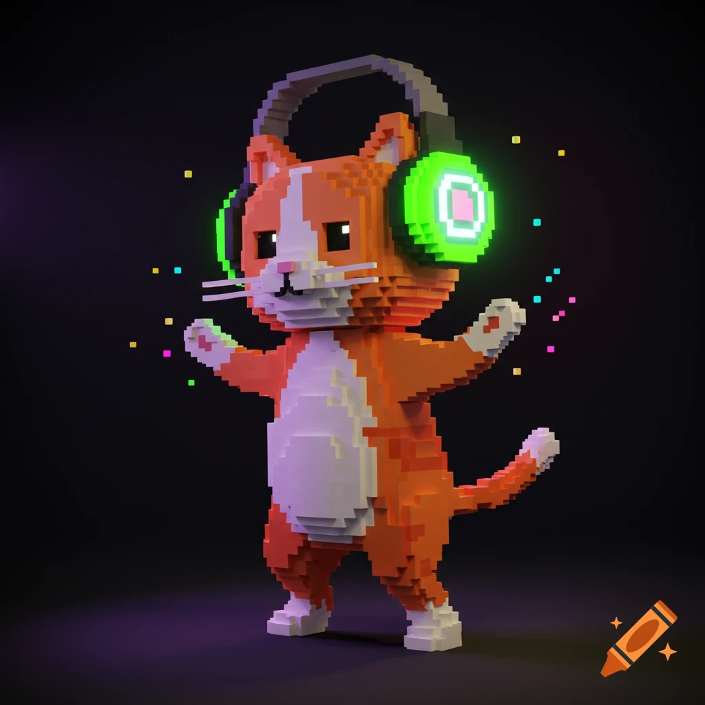 A pixel art orange and white cat wears headphones and dances.