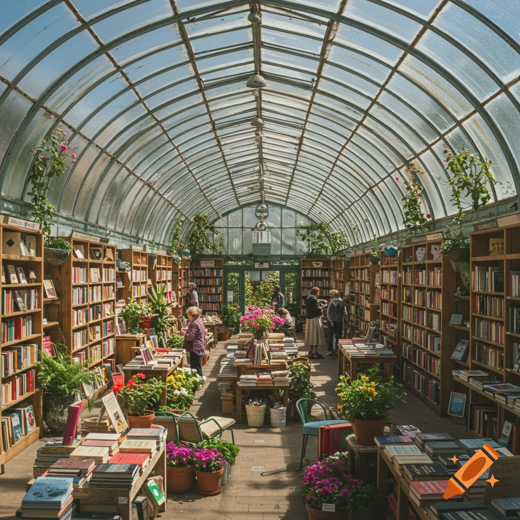 Interior view of a sunny greenhouse bookstore filled with bookshelves, plants, and people browsing.