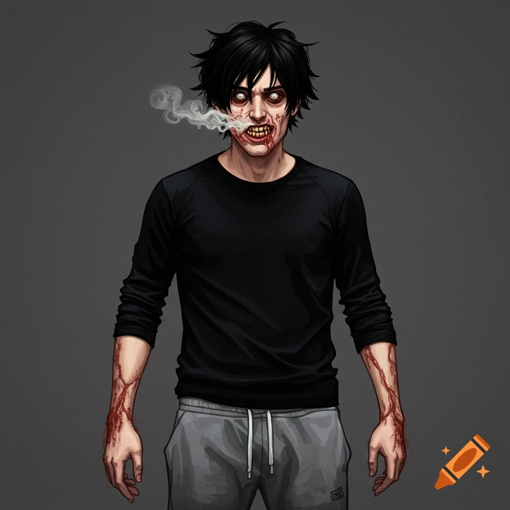 A stylized image of a man with messy black hair, pale skin, and bloody mouth, wearing a black shirt and grey sweatpants, smoking.