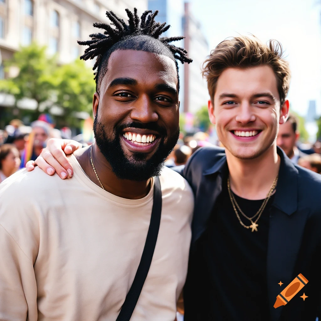 Two men smiling in a crowd at a pride parade.