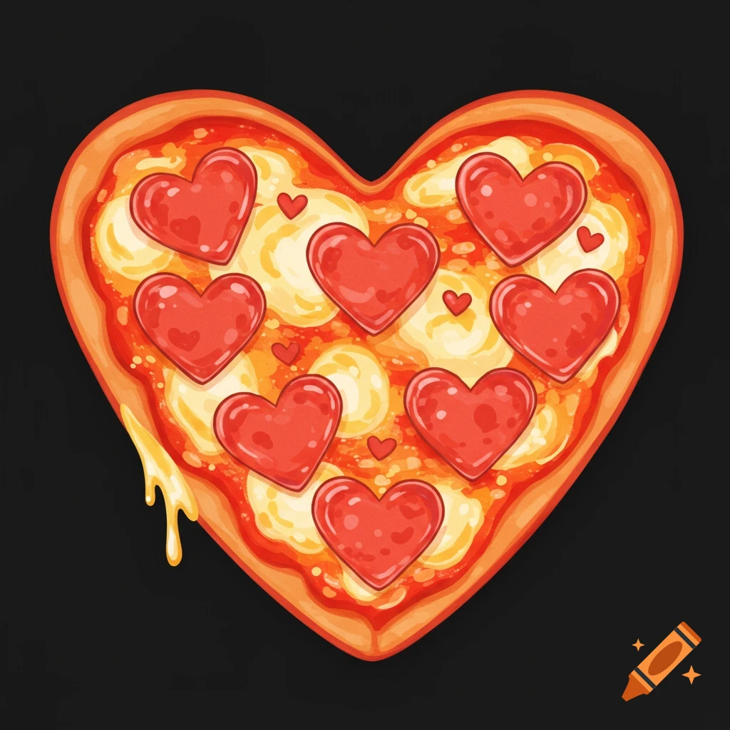 A heart-shaped pizza with heart-shaped pepperoni slices on a black background.