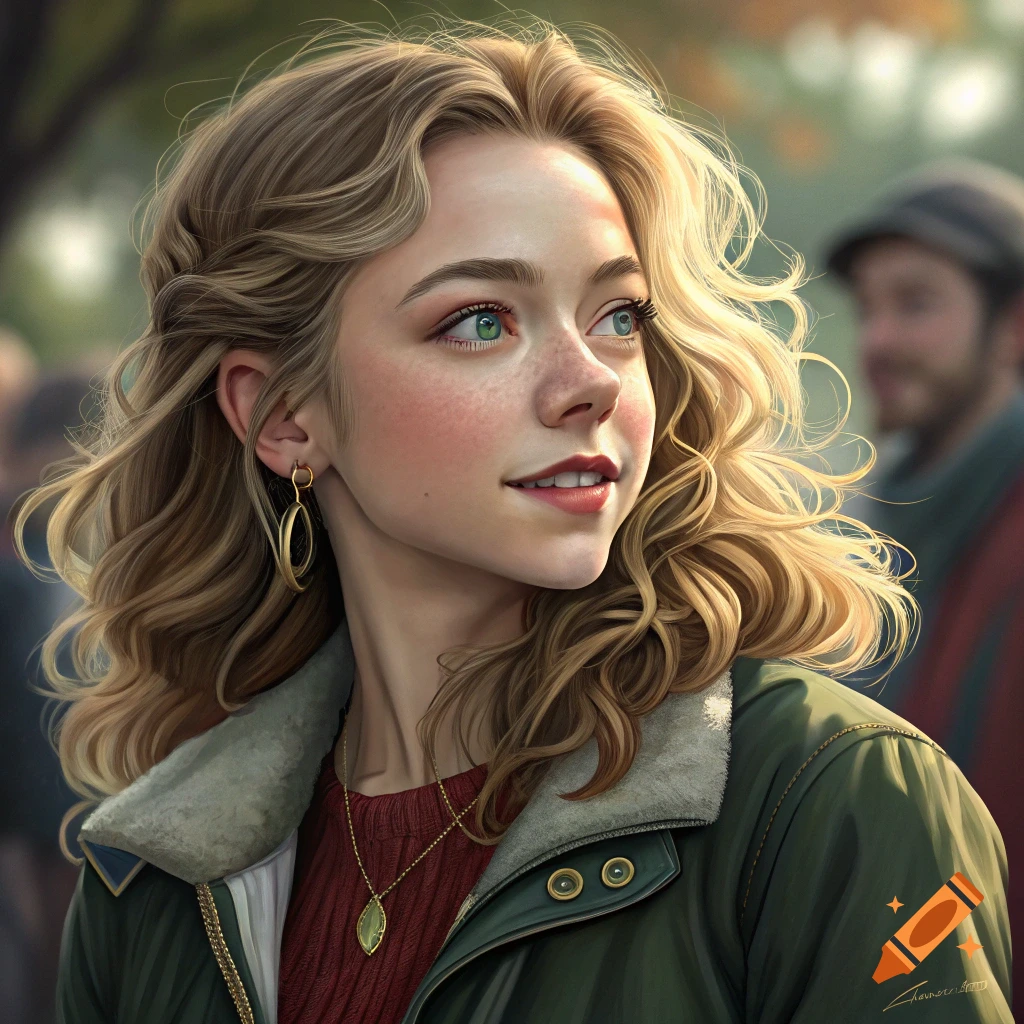 A close-up portrait of a young woman with blonde wavy hair, green eyes, and freckles, wearing a green jacket, looking to the side.
