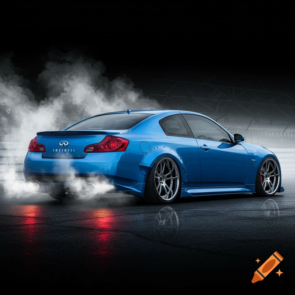 Blue Infiniti G36 coupe doing a burnout with smoke on a wet road