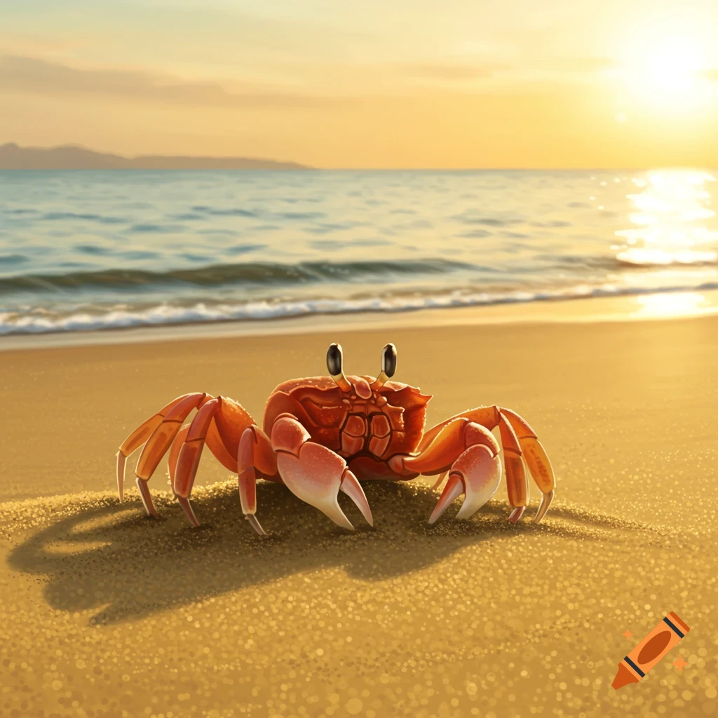 A cartoon crab on a sunny beach.
