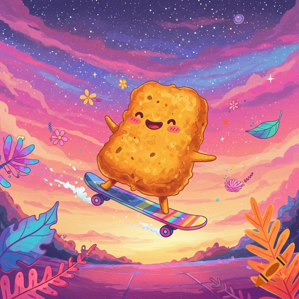 A happy cartoon chicken nugget rides a skateboard through a colorful trippy sky with floating flowers and leaves.