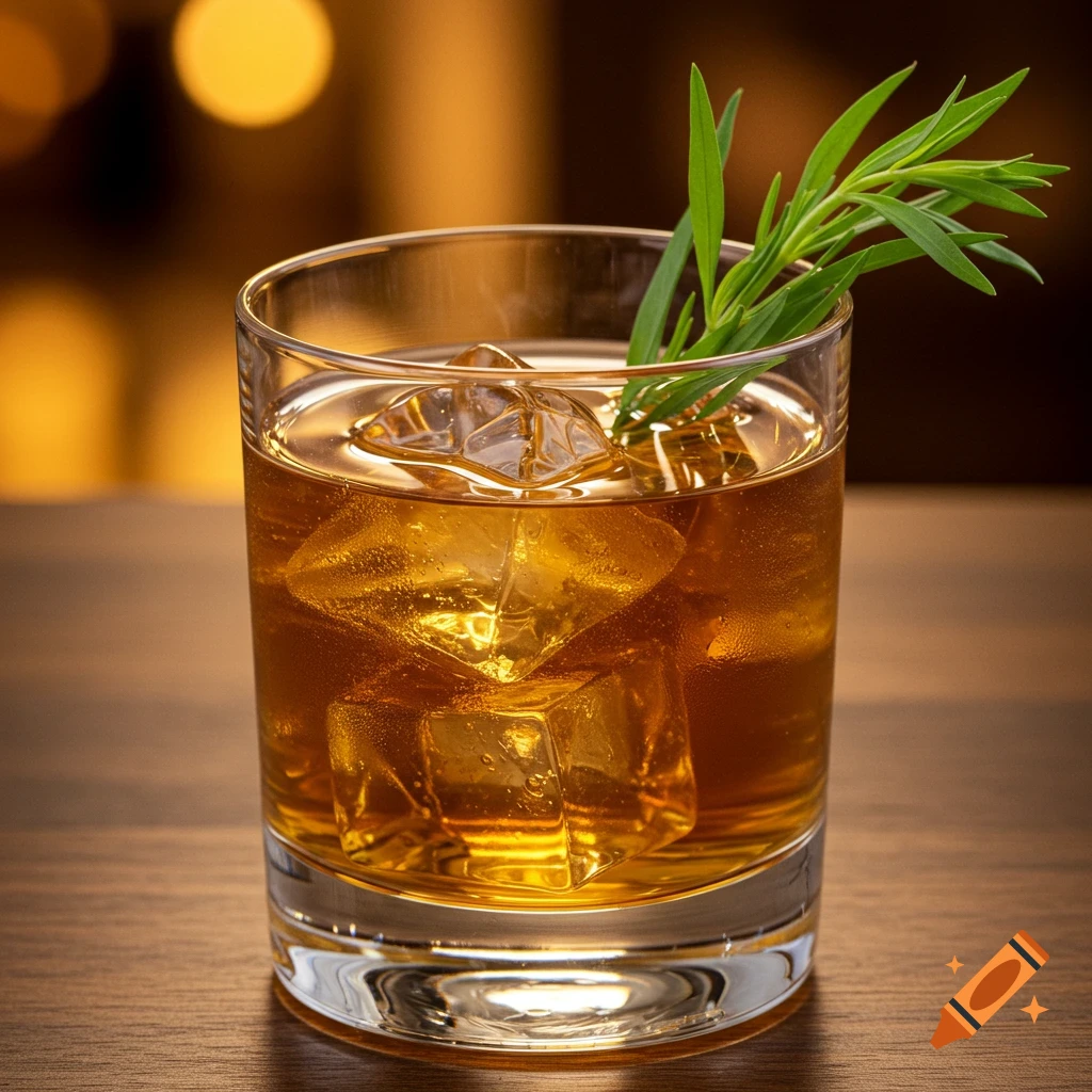 Close-up of a drink with ice and a green sprig in a glass on a wooden table.