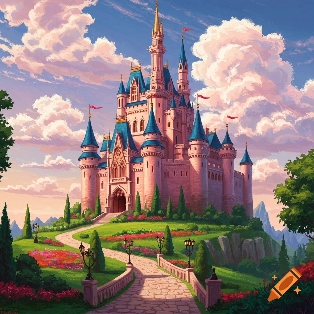 A pink fairytale castle on a hill surrounded by gardens.