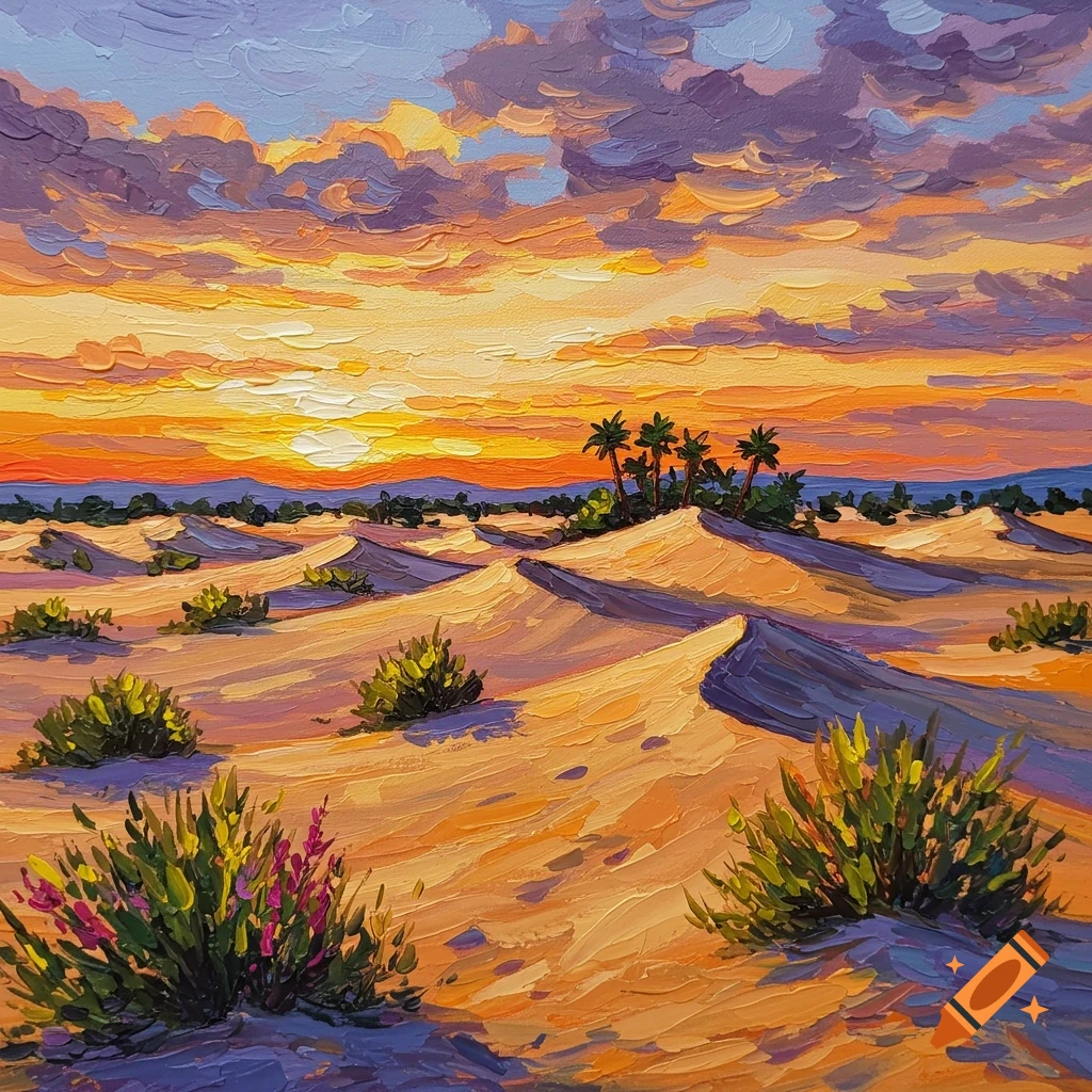 Colorful impressionist painting of a desert landscape at sunset with sand dunes, bushes, and palm trees.