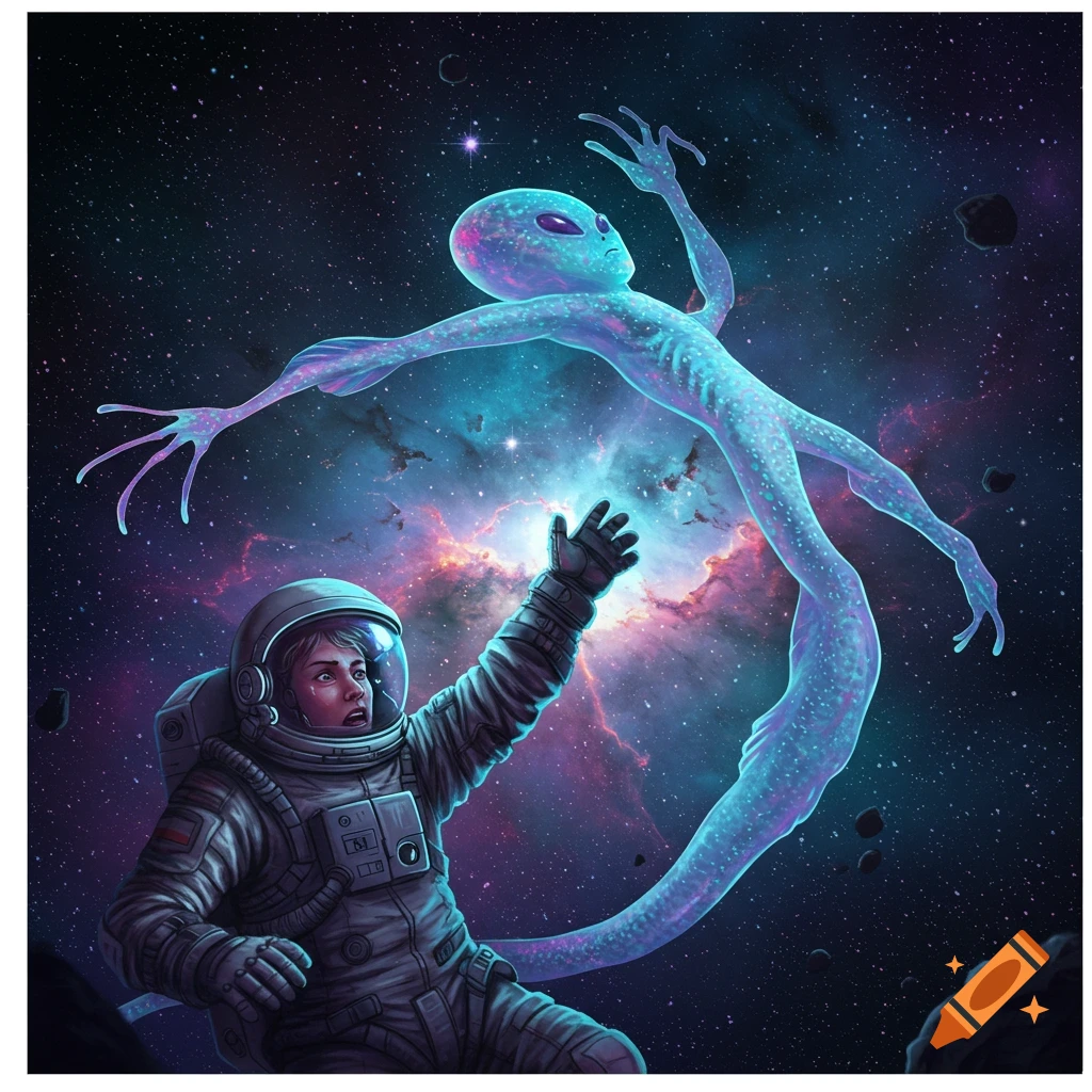 An astronaut reaching for a glowing alien in outer space.