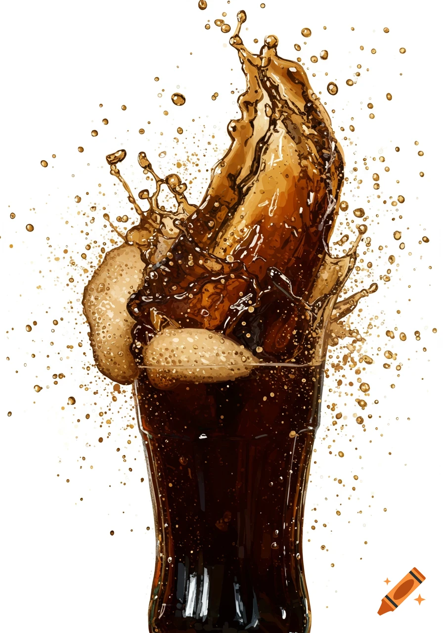 A dynamic splash of cola erupts from a glass.