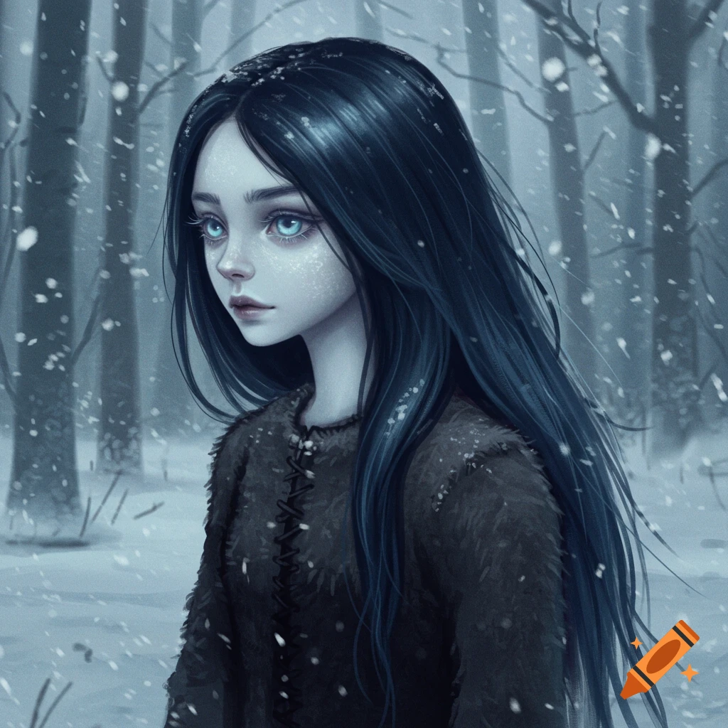 A girl with long dark blue hair in a snowy forest.