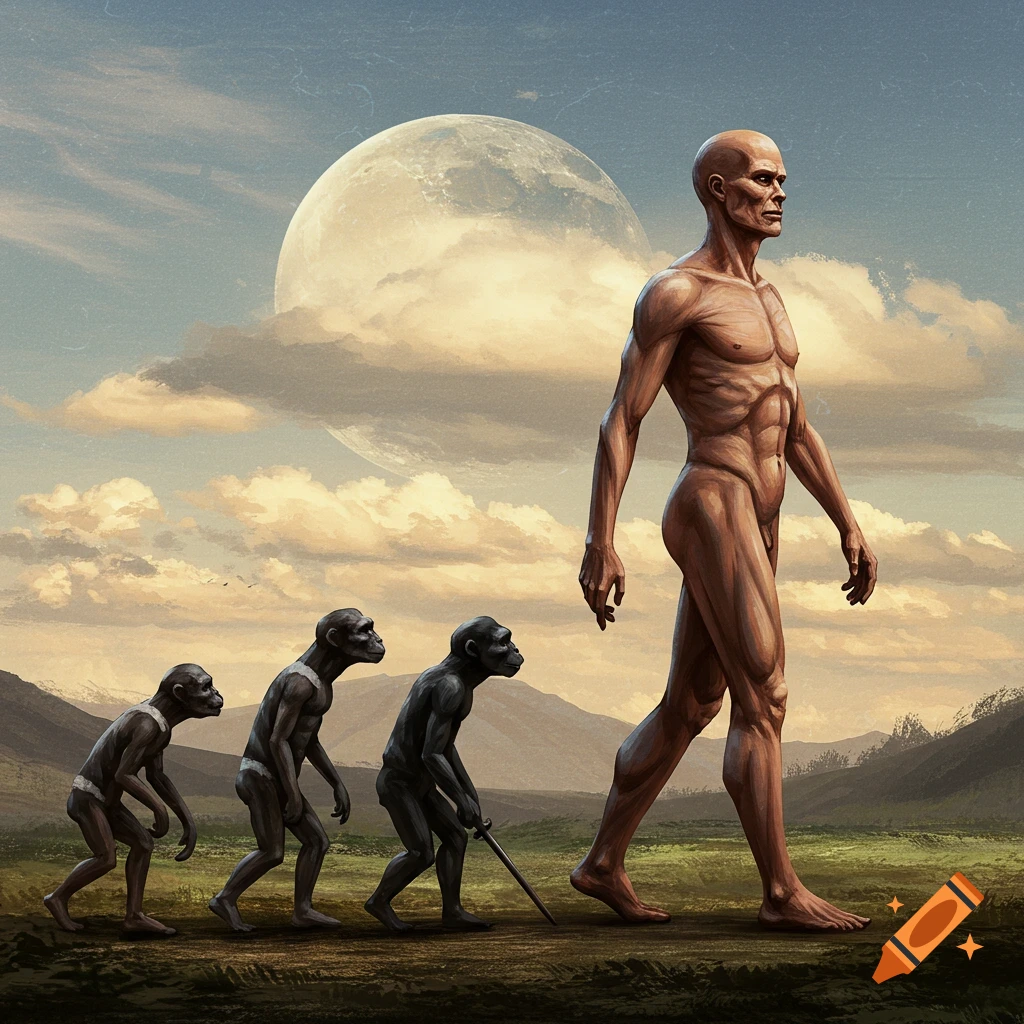 Showing the evolution of humans from apes walking upright with a large moon in the background.