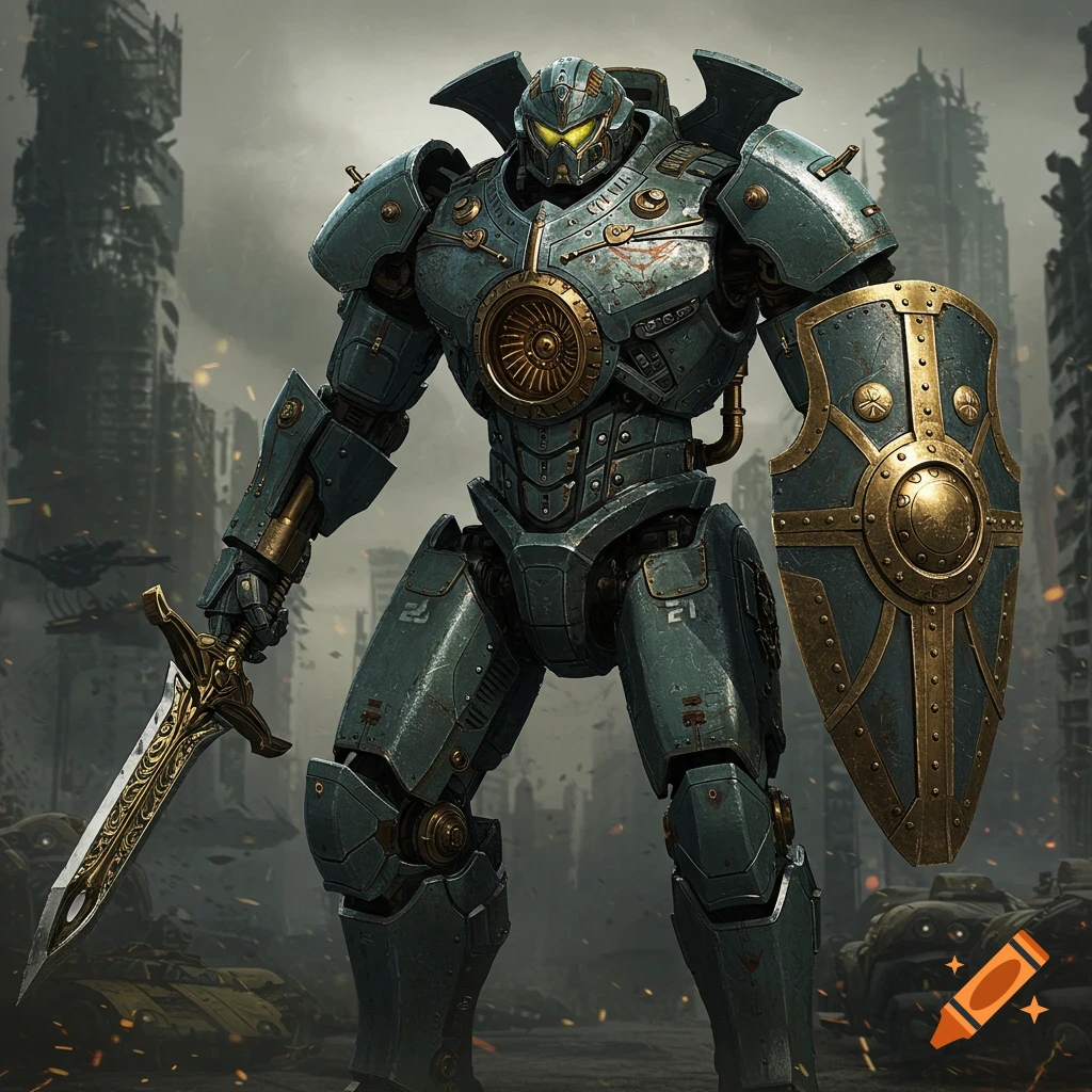 A large steampunk robot or mech stands in a ruined city holding a sword and shield.