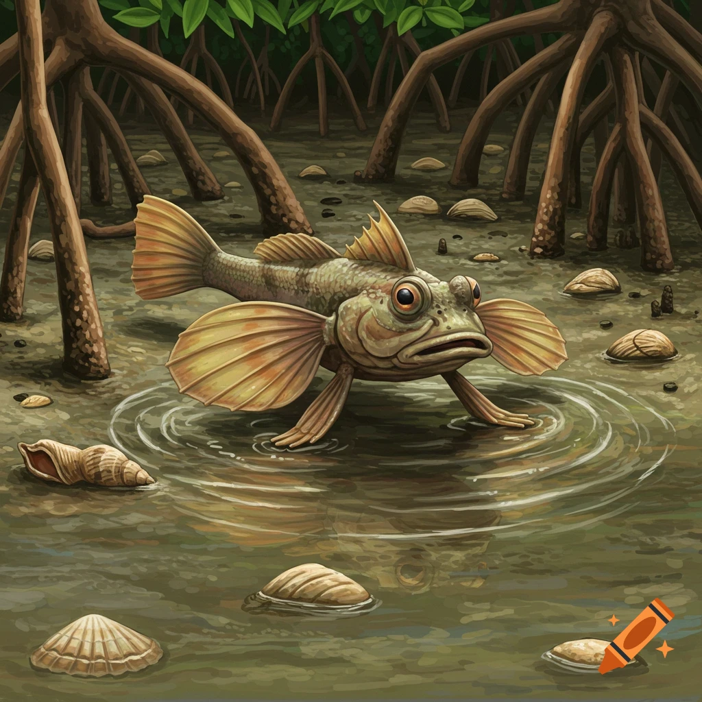 A mudskipper standing in shallow water in a mangrove swamp, surrounded by shells.