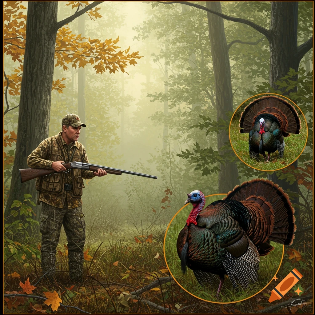 A hunter stands in a misty forest with turkeys.