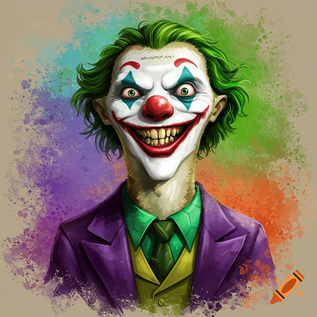 Stylized of a green-haired Joker-like figure in purple suit with clown makeup on a colorful splatter background.