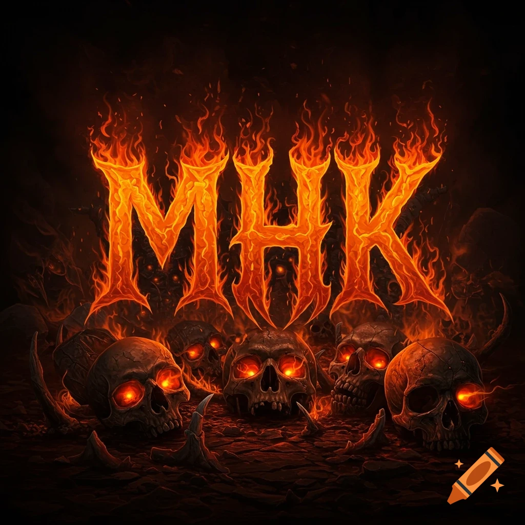 Fiery letters MHK over a pile of skulls with glowing red eyes.