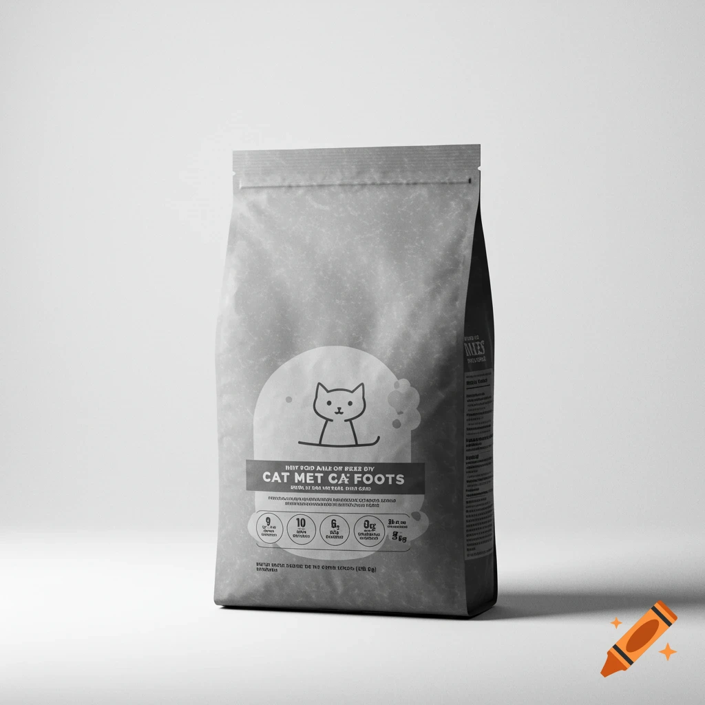 Greyscale dry cat food bag with a cartoon cat logo.