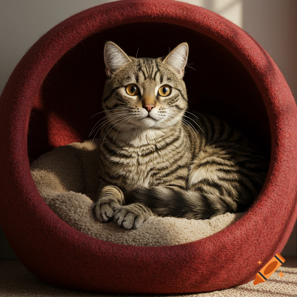 Photorealistic image of a tabby cat sitting comfortably in a round red cat bed.