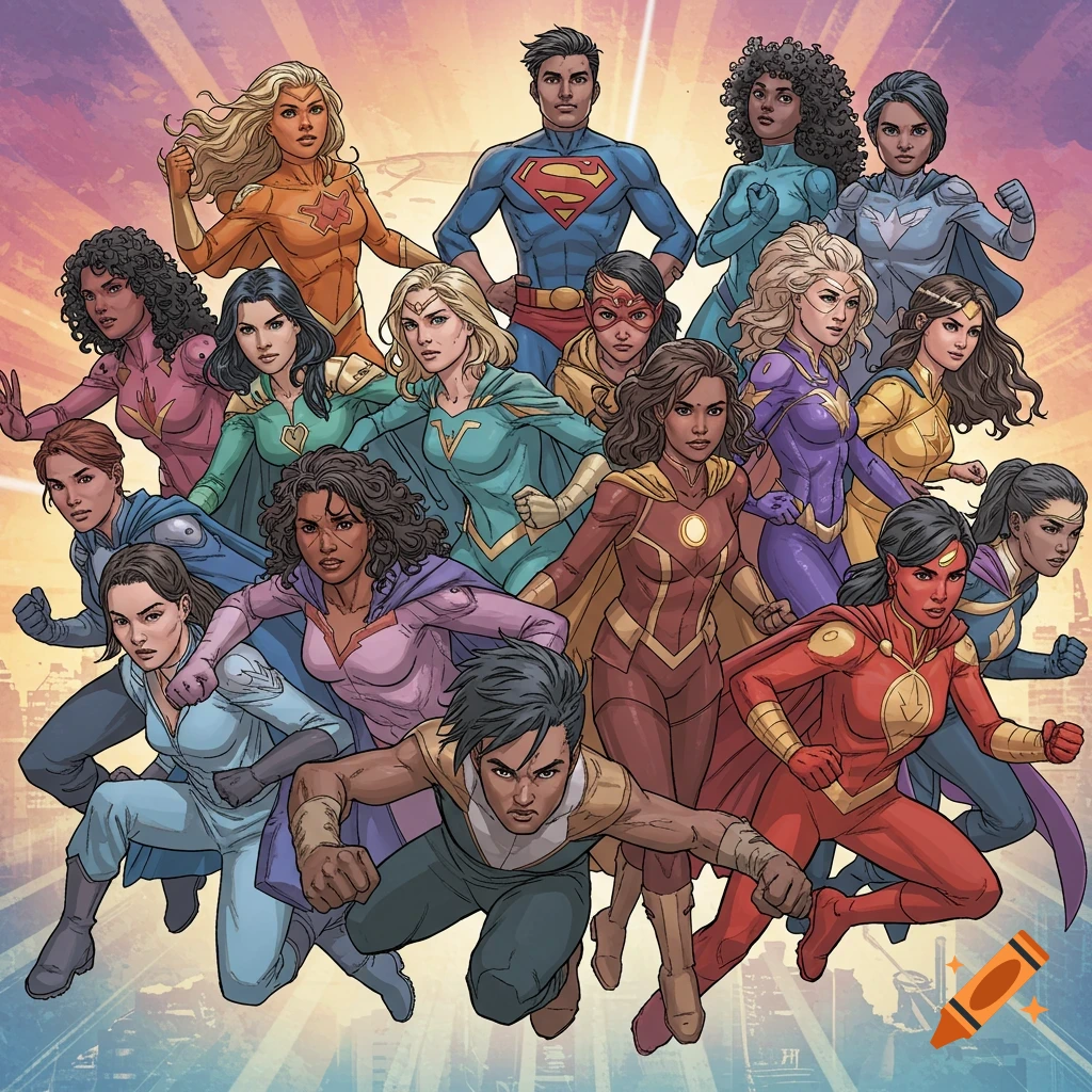 Superman and a large group of female superheroes posing against a city skyline.