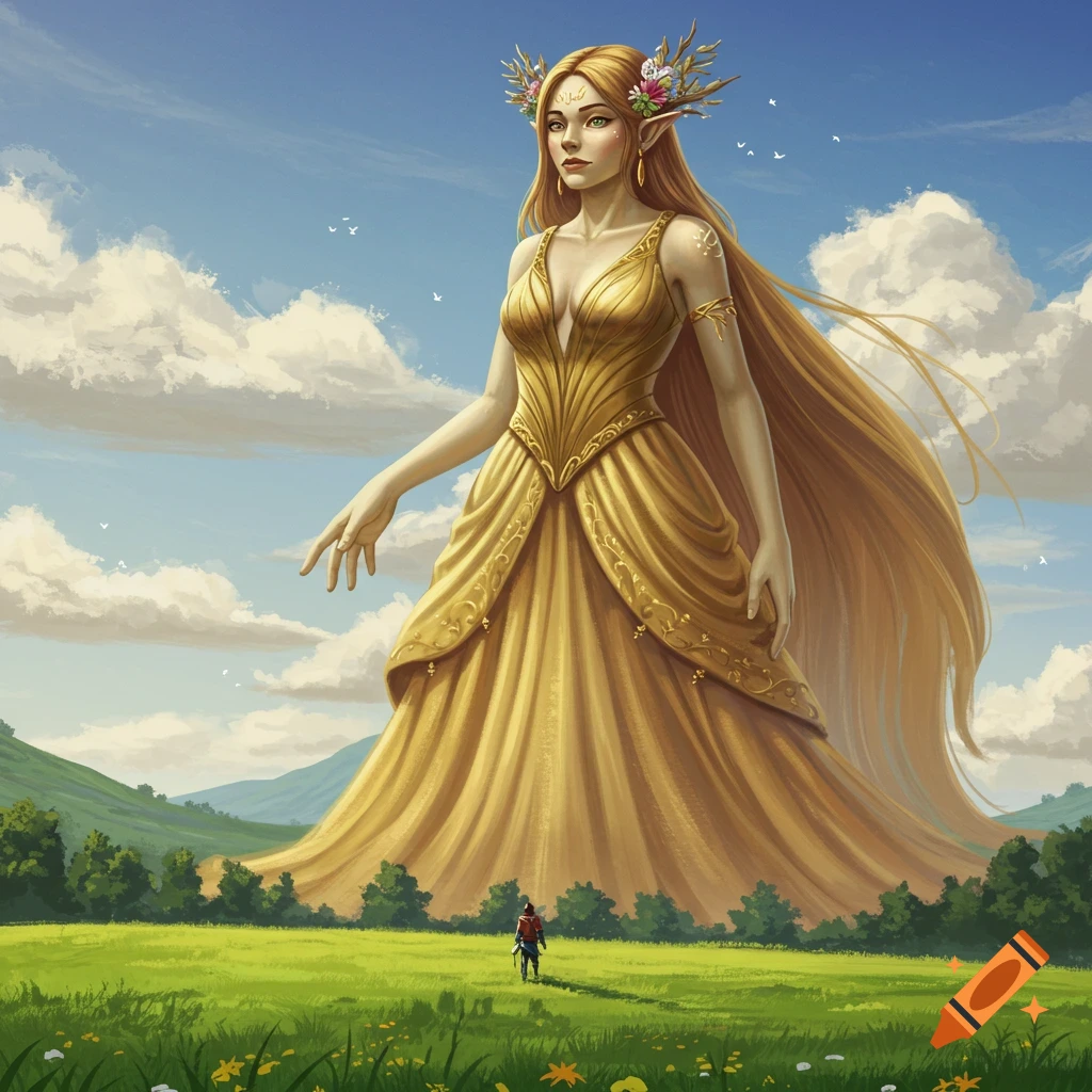 A giantess in a golden dress stands over a small figure in a green field under a cloudy sky.