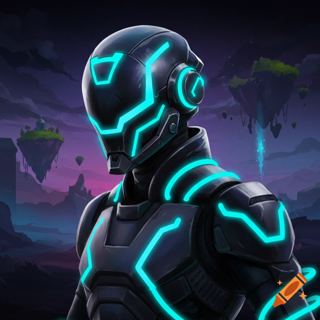A futuristic character in dark armor with glowing blue lines stands in a landscape with floating islands.