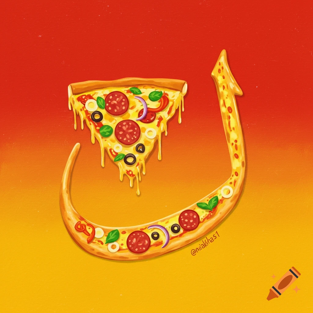 A pizza slice and a piece of crust shaped like an Arabic letter.