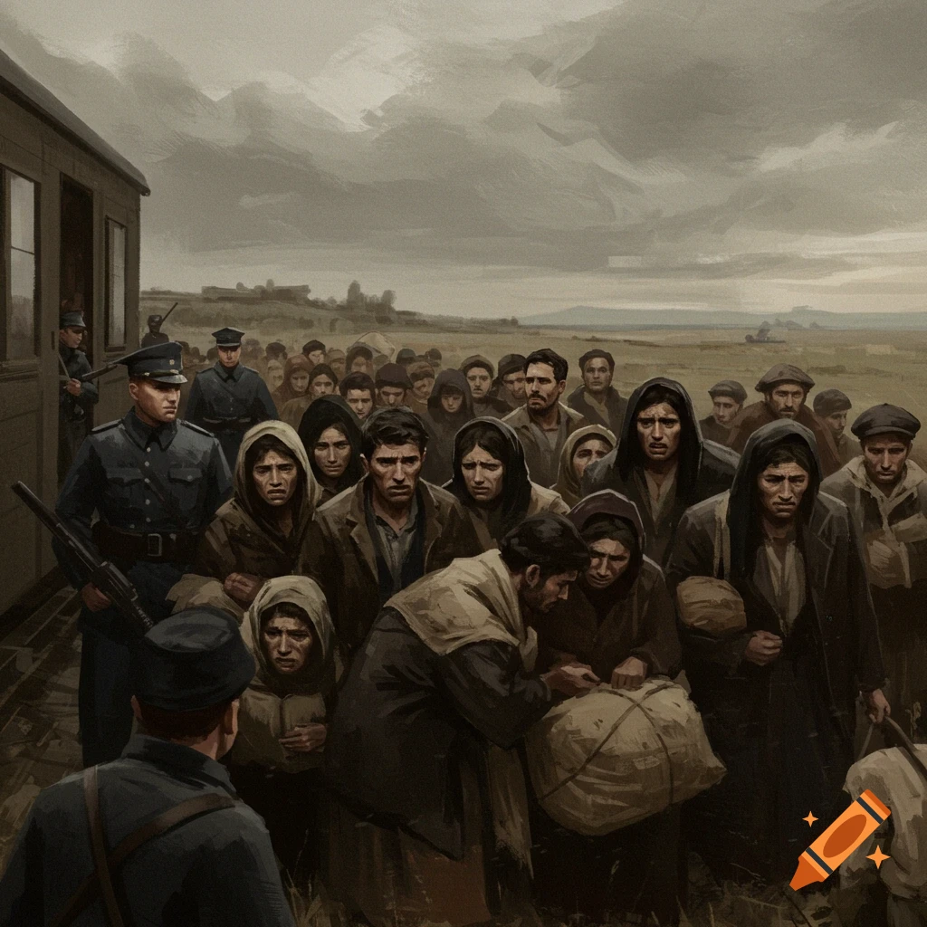 A crowd of sad people are next to a train with guards in a field under a cloudy sky.