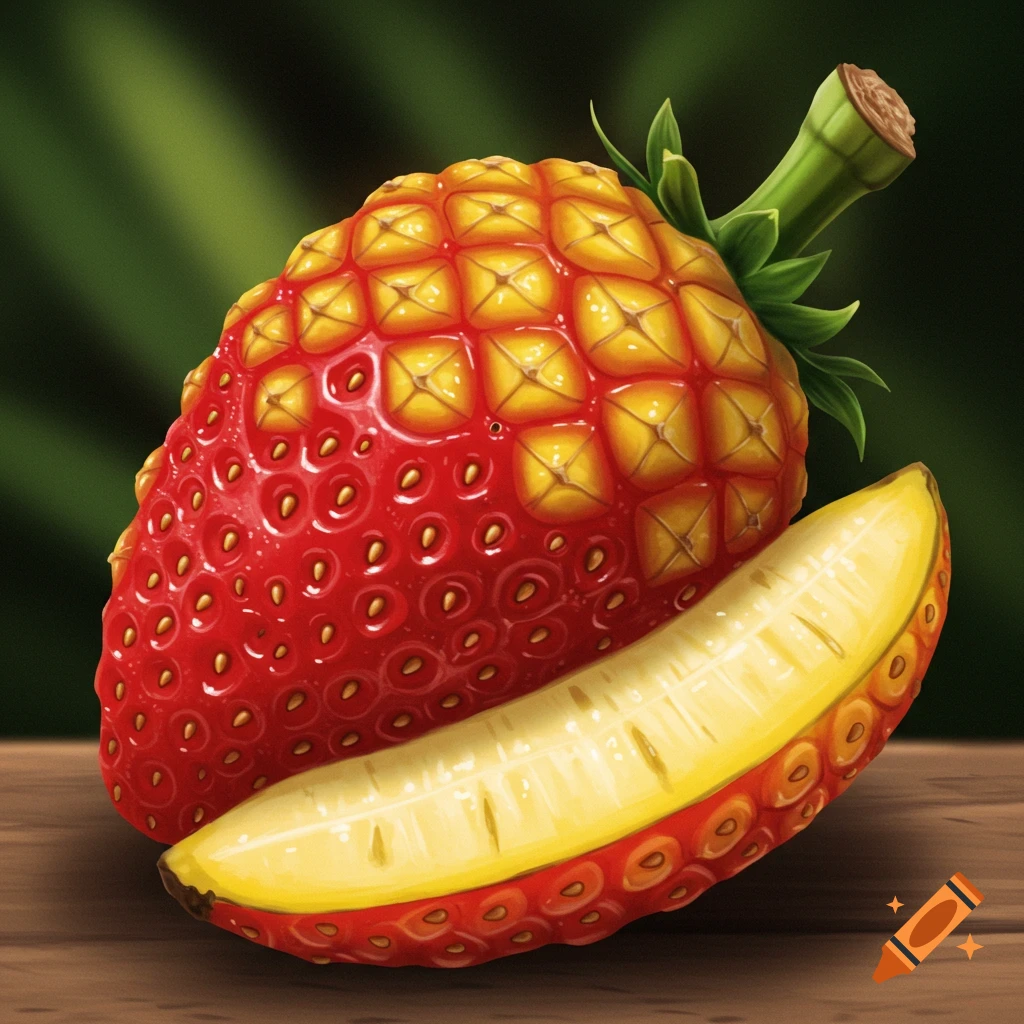 Hybrid fruit resembling a strawberry with pineapple skin and a banana slice, on wood.