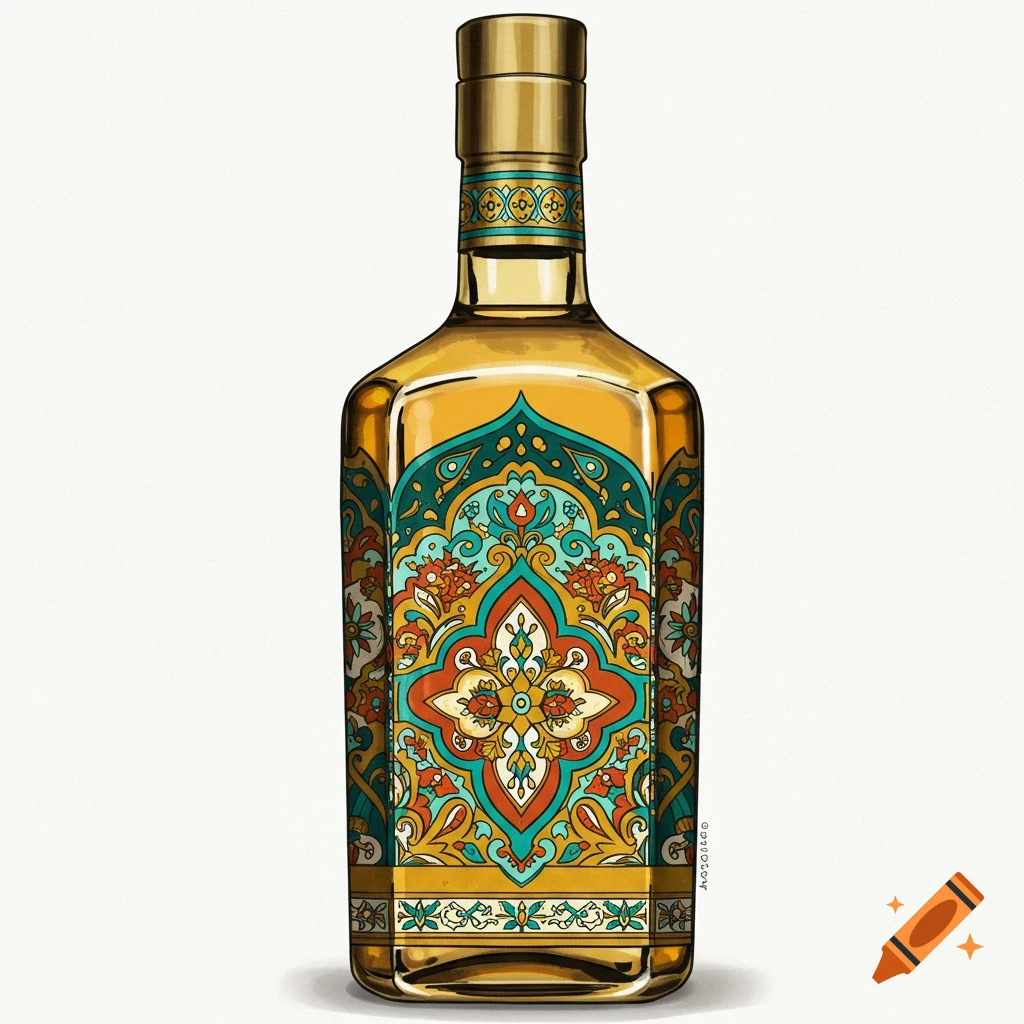 A bottle with ornate, colorful patterns