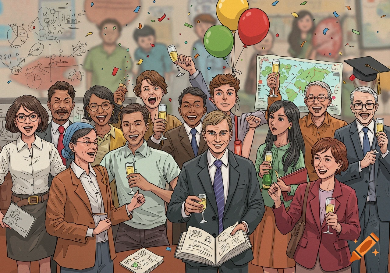 A group of diverse people celebrate in an office with confetti, balloons, and drinks.