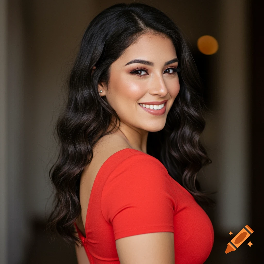 A smiling woman with dark hair looks back over her shoulder, wearing a red dress.