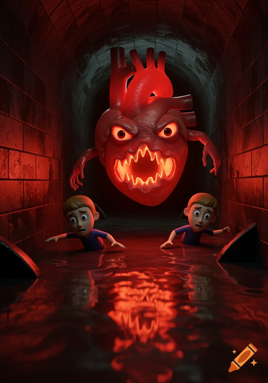 3D cartoon rendering of a monstrous glowing heart chasing boys in a dark sewer