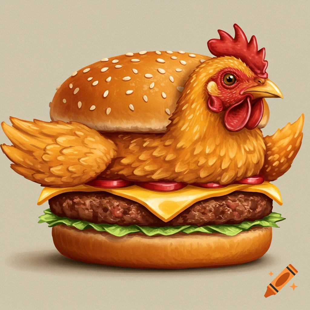 Picture of a chicken head and wings on top of a cheeseburger.