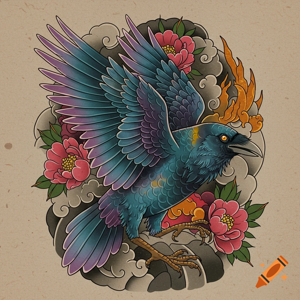 A blue raven with purple wings flies among pink flowers and clouds in a neo-traditional tattoo style.