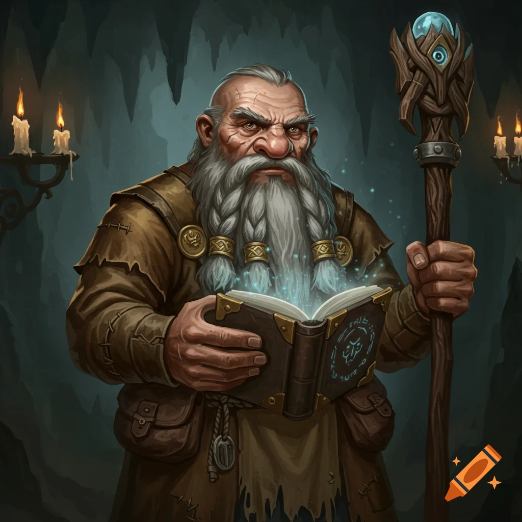 An old dwarf cleric reading a glowing magical book in a dark cave.