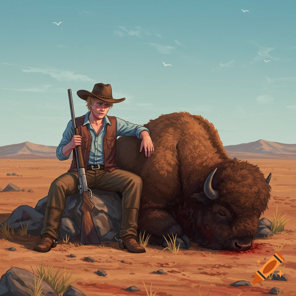 A cowboy with a rifle sits next to a dead bison in a desert.